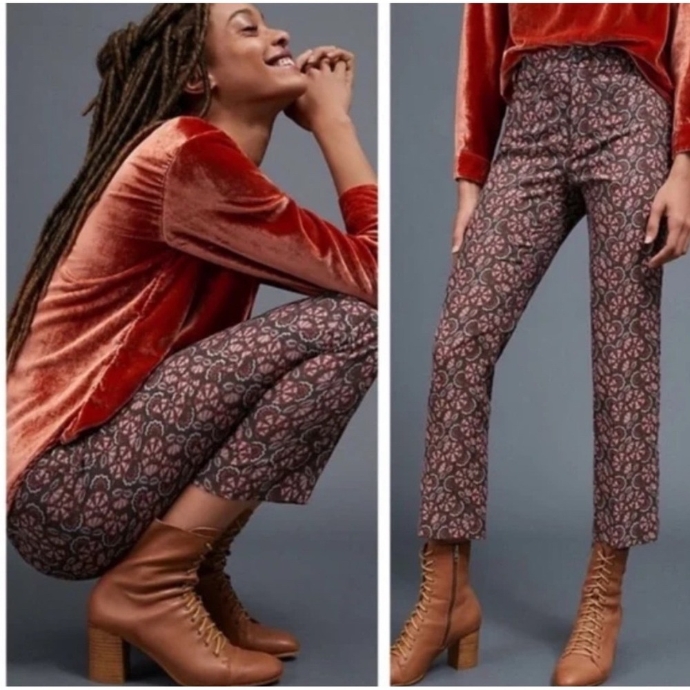 Anthropologie‎ The Essential Slim Crop Pants Brown Pink Floral Print Jacquard 4